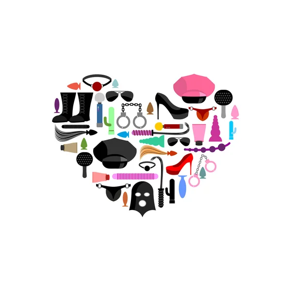 I love BDSM. Sex toys in form of heart. Emblem for fans of hard — Stock Vector