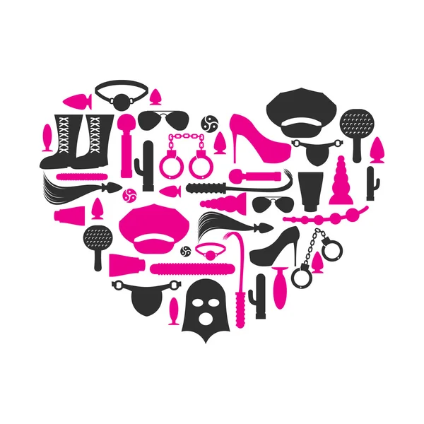 I love BDSM. Fetish icon set in heart shape. Emblem for fans of — Stock Vector