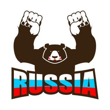 Rus ayısı. Kızgın büyük yırtıcı ve Rus bayrağı. Agresif wi