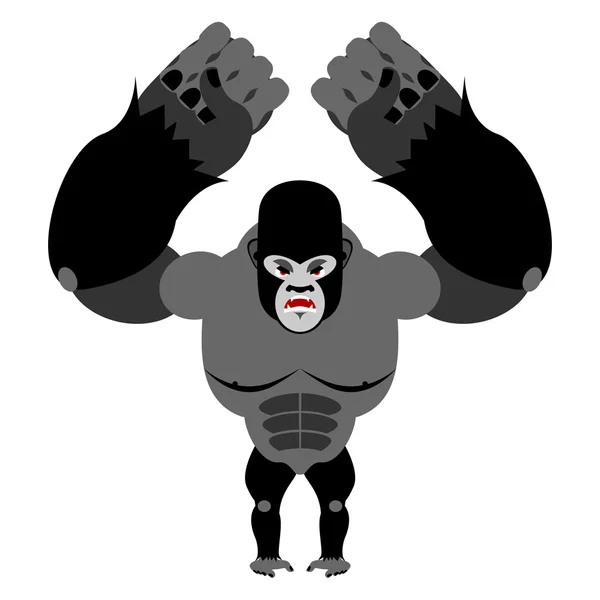 Gorilla arrabbiato sulle zampe posteriori. Scimmia aggressiva su dorso bianco — Vettoriale Stock