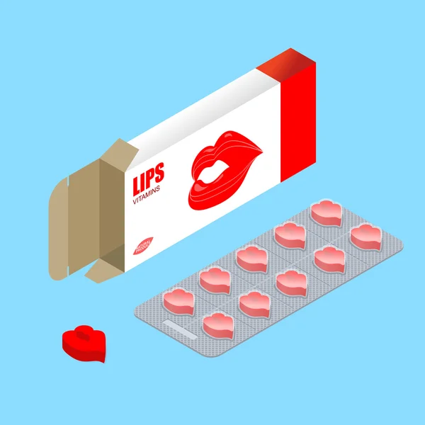 Vitaminas Lábios em embalagem. Comprimidos para aumento dos lábios. Comprimidos na caixa. N — Vetor de Stock