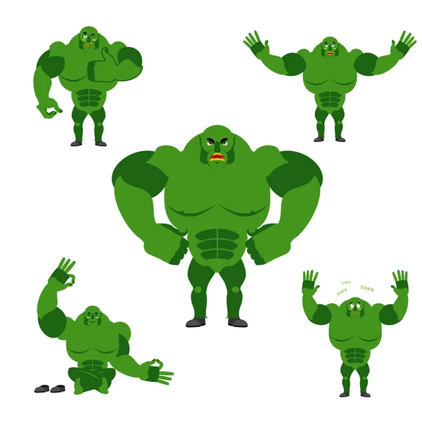 Ogro establece poses. Expresión de emociones monstruo verde. Mal y g — Vector de stock