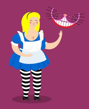 Yaşlı şişman Alice Alice Harikalar Diyarında ve Cheshire Kedisi. Kadın ve ş