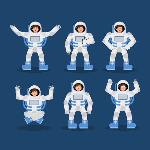 Astronaut uppsättning rörelser. Spaceman uppsättning av poser. Kosmonaut exp — Stock vektor