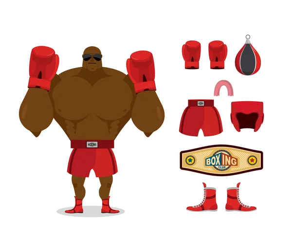 Boxer et ensemble d'accessoires. Champion sportif. Kit de sport : boxe g — Image vectorielle