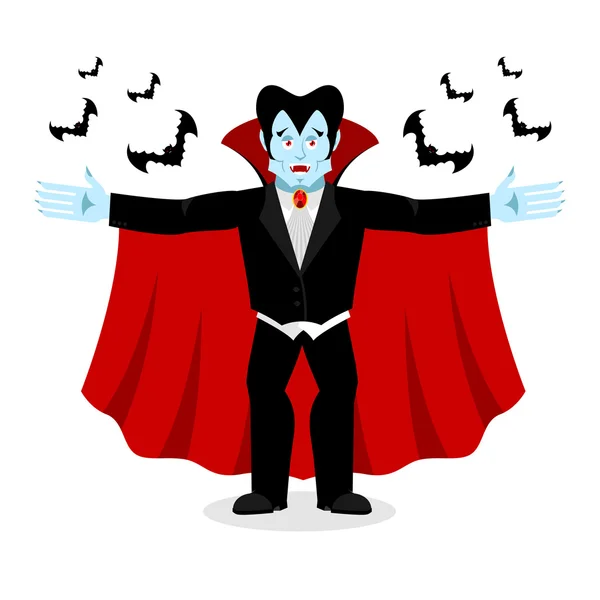 Happy Dracula w czerwonym płaszczu. Dobry wesoły Wampir. Ghoul i ba — Wektor stockowy