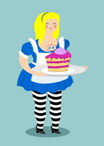 Alice im Wunderland. Kuchen frisst mich. dicke und alte fröhliche Frau — Stockvektor