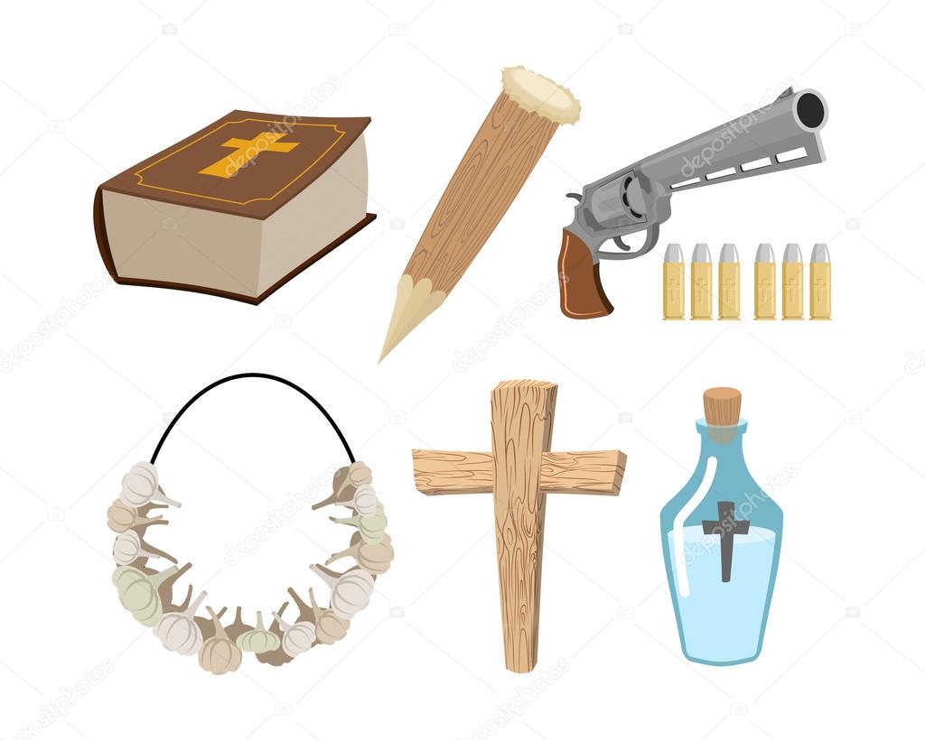 Weapons vampire hunter. Tools against undead. Garlic and silver Stock