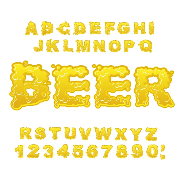 Cerveja ABC. Alfabeto alcoólico. Beber cartas. Fonte líquida amarela . — Vetor de Stock