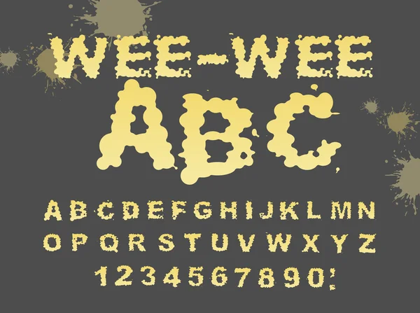 Wee-wee ABC. Żółta czcionka płynna. sikanie typografii. Alfabet moczu — Wektor stockowy