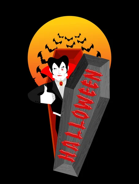 Tipografia di Halloween. Dracula nella sua bara. Logo per holi spaventosi — Vettoriale Stock