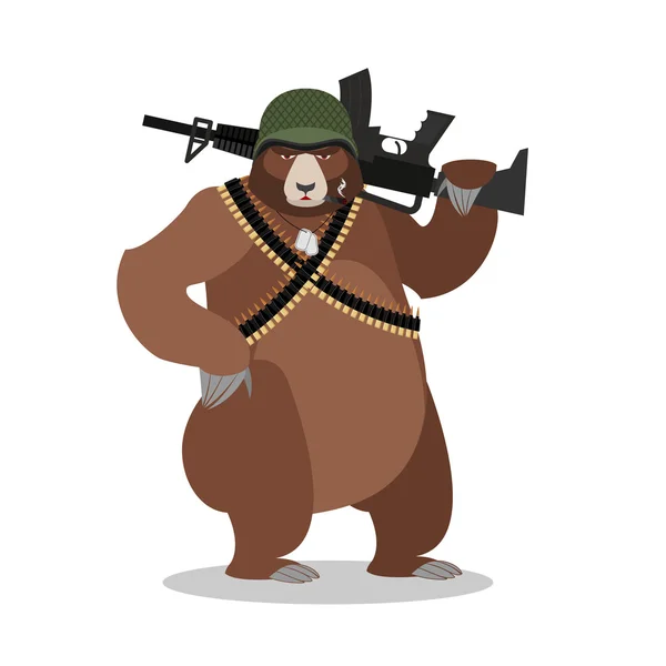 Військовий ведмідь з рушницею. Грізлі з пістолетом. Дикий звір і мак — стоковий вектор