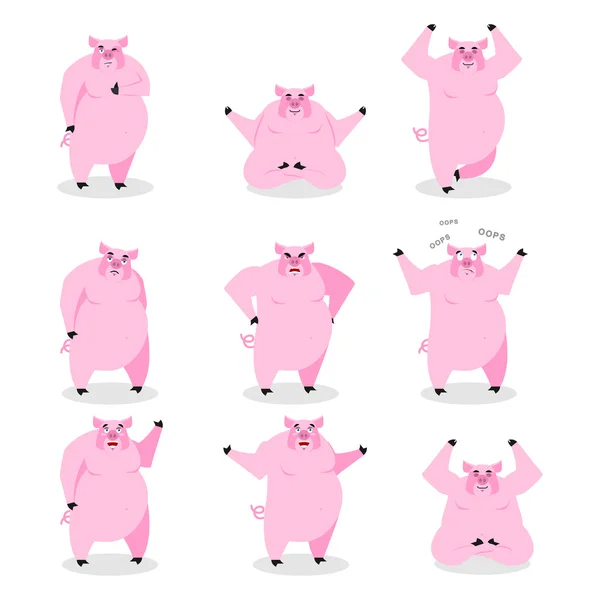 Conjunto de diferentes poses de cerdo. Expresión de emociones de jabalí salvaje. Fa — Archivo Imágenes Vectoriales