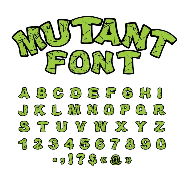 Mutant font. Green rough comic alphabet in style. Abstract ABC. — Stock Vector