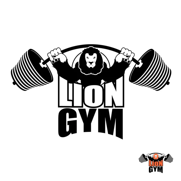 Λιοντάρι γυμναστήριο λογότυπο. Θυμωμένος Λίο ισχυρός αθλητής. Μπάρμπελ και επιθετικός — Διανυσματικό Αρχείο