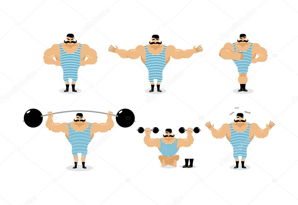 Strong retro athlete set poses. Ancient bodybuilder with mustach