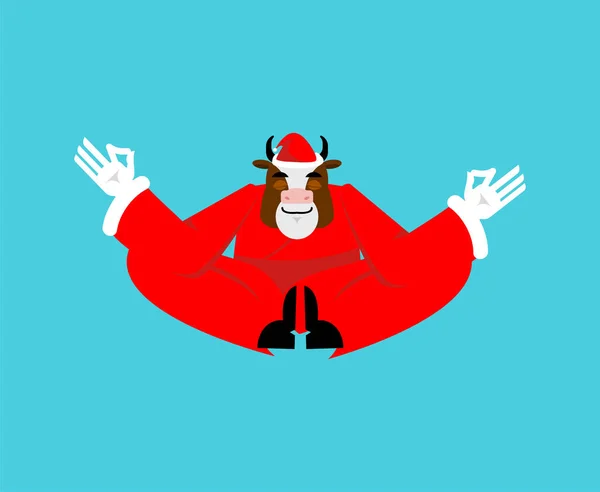 圣诞老人瑜伽 圣诞节冥想 头戴红衣 蓄着胡子的奶牛 2021年新年图解 — 图库矢量图片