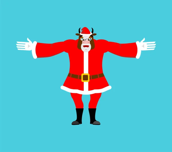 快乐的圣诞老人张开双臂拥抱在一起 快乐的圣诞奶牛 穿着红色西服的可爱的农场动物 新一年的说明 — 图库矢量图片
