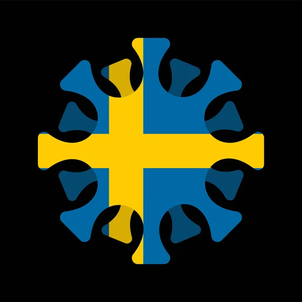 スウェーデンのコロナウイルス スウェーデンの旗でMicrobe Covid 2019 世界的な流行 パンデミックだ ロックダウンの国 — ストックベクタ