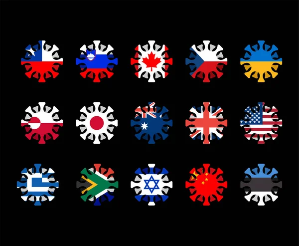 Набір Коронавірусів Країнах Світу Частина Microbe Covid 2019 Під Прапором — стоковий вектор
