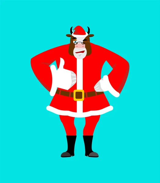 圣诞老人的大拇指竖起来 眨了眨眼 签个名吧圣诞快乐的奶牛 手显示还好 手的姿势 穿着红色西服的好农场动物 新一年的说明 — 图库矢量图片