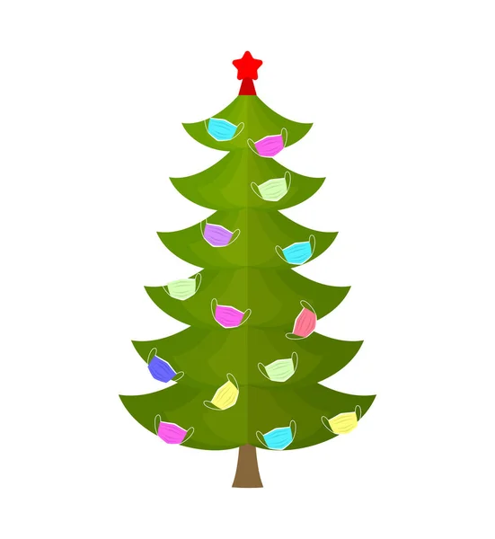 Weihnachtsbaum Mit Medizinischen Masken Geschmückt Weihnachten Coronavirus Covid Und Neujahr — Stockvektor
