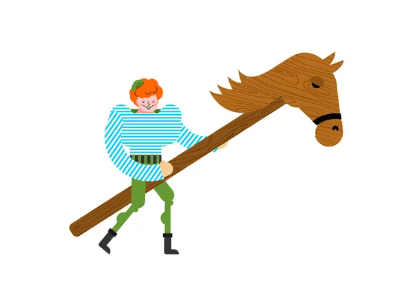 Mały Chłopiec Mundurze Wojskowym Drewnianym Koniu Ilustracja Lutego Obrońcy Dnia — Wektor stockowy