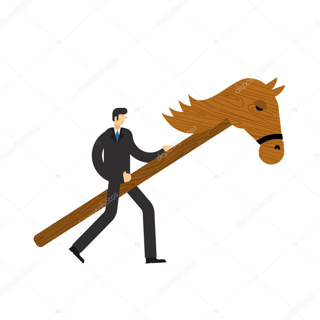 Businessman and Hobby horse. Boss on Wooden horse toy. vector illustration