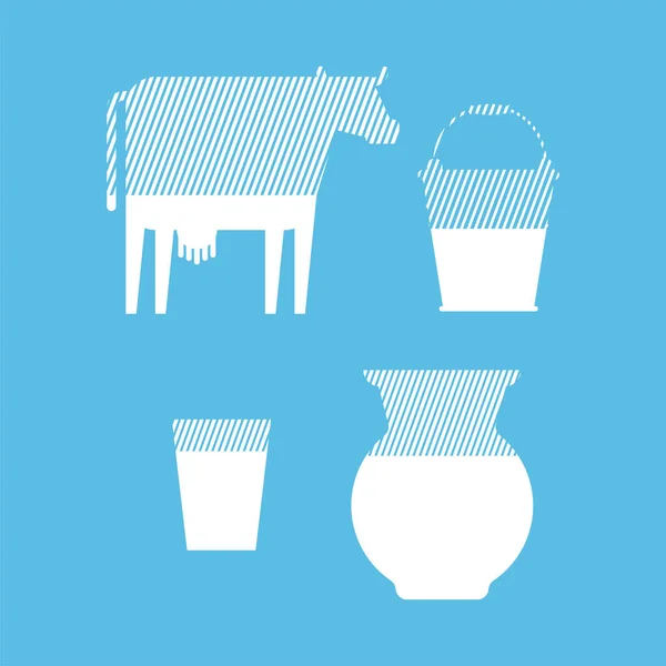 Set Leche Vaca Cubo Jarra Vidrio Conjunto Iconos Embalaje Leche — Vector de stock