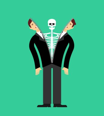 İçeriden bir iskelet. İskelet insanın içinden çıkar. Deri anatomik insan kıyafeti