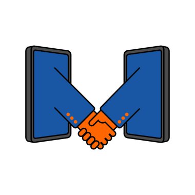 Çevrimiçi el sıkışma. Cihaz ekranından el sıkışın. İnternette anlaşma sağlama kavramı