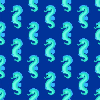 SeaHorse pikselleri kusursuz. 8 bitlik deniz hayvanı arka planı. vektör dokusu 