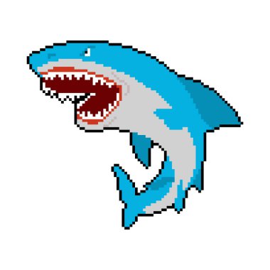 Shark pixel art. Sea predator 8bit. Large predatory marine fish. vector illustration