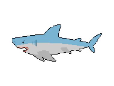 Shark pixel art. Sea predator 8bit. Large predatory marine fish. vector illustration