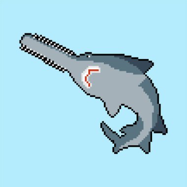 Sawfish pixel art. 8 bit marine predator saw fish. vector illustration