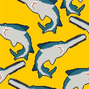 Sawfish pixel art pattern seamless. 8 bit marine predator saw fish background. vector texture