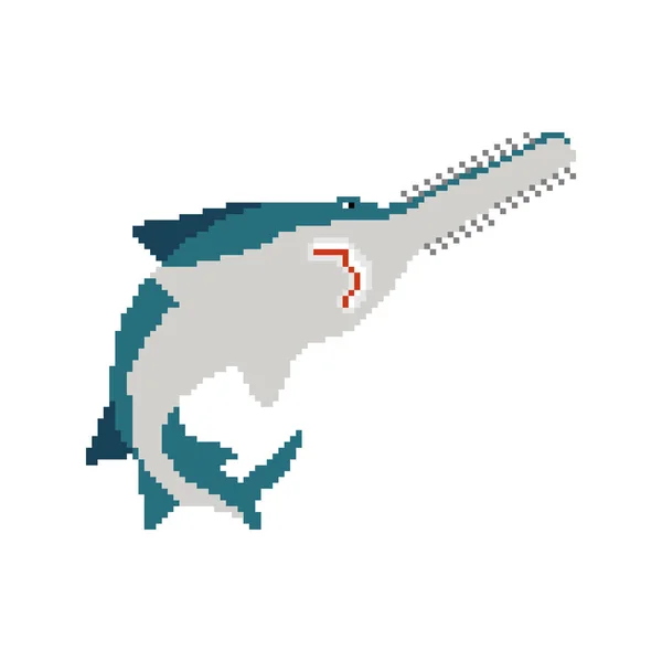Sawfish Pixel Art Bit Marine Predator Saw Fish Vector Illustration — Stock Vector