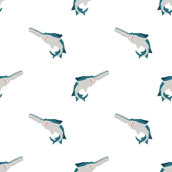 Sågfisk Pixel Konst Mönster Sömlös Bitars Marina Rovdjur Såg Fisk — Stock vektor