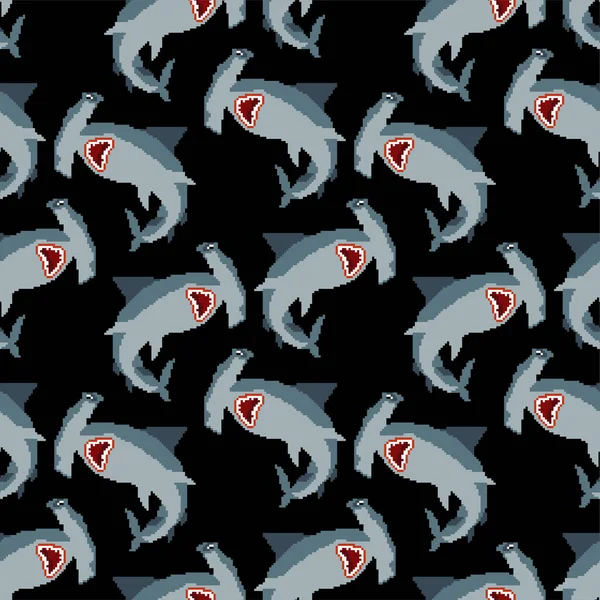 Hammerhead Shark Pixel Art Pattern Seamless Bit Fish Hammer Background — Stock Vector