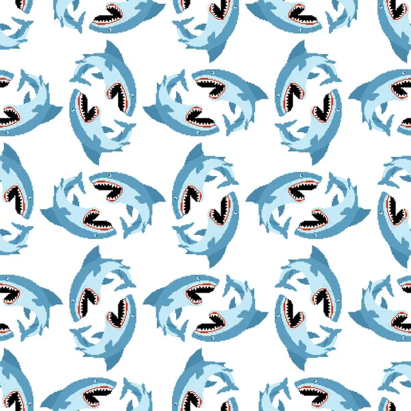 Shark Pixel Art Muster Nahtlos Meeresräuber 8Bit Hintergrund Große Räuberische — Stockvektor
