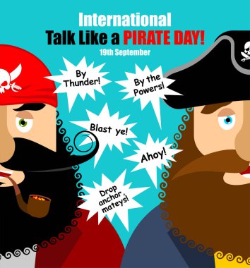 Uluslararası Konuşma Korsan Günü gibi. Korsan konuşmaları ve kelimeler. Tatil vektör illüstrasyonu