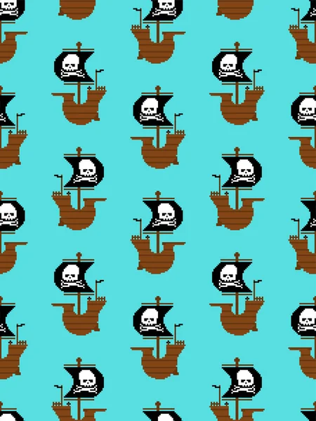 Piratenschiff Pixel Art Muster Nahtlos Piraten Bit Hintergrund Verpixelte Vektortextur — Stockvektor