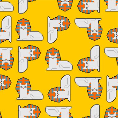 Mısırlı sfenks kedisi piksel resim deseni pürüzsüz. Pikselleştirilmiş Mısır evcil hayvan arka planı. 8 bit vektör dokusu