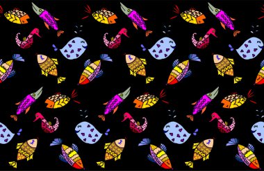 Çizgi film balık, çeşitli deniz hayvanları, balık, balina, yosun, arka planlar, desen çizimi,