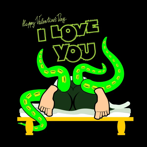 Valentine, joyful unusual Valentine's Day Card, a funny, dark background, sex on a bed, love and relationships between people, I love you. — Stock Vector