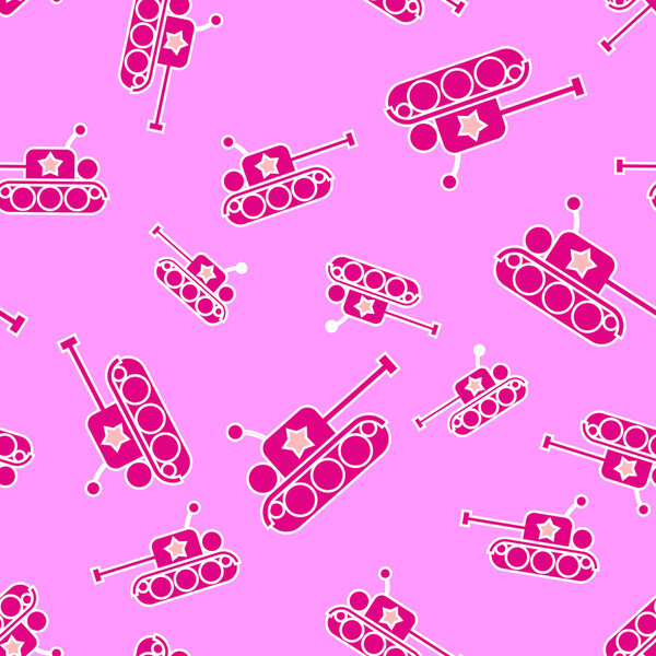 Бесшовный векторный рисунок, мультяшный военный танк, 23 февраля
