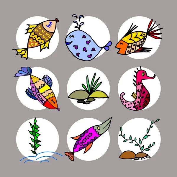 Tecknade fisk, illustration av olika marina djur, fisk, val, alger, bakgrunder, mönster, — Stock vektor
