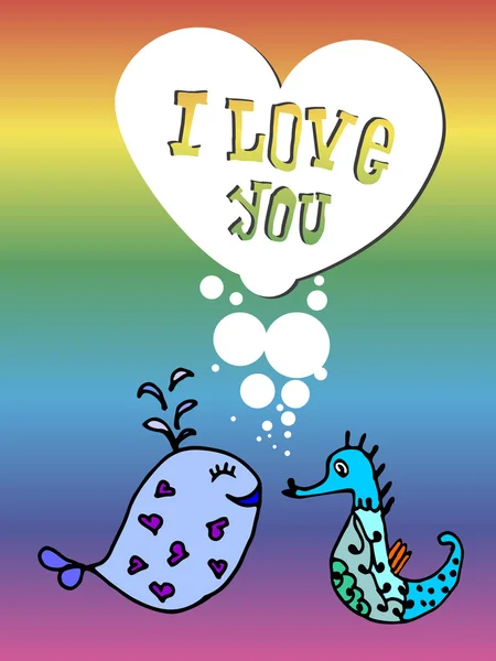 Валентина, сердце мыльных пузырей, мультяшная рыба в море, я люблю тебя, открытка на 14 февраля — стоковый вектор