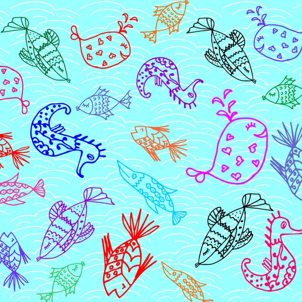 Cartoon fish, illustration of various marine animals, fish, whale, algae, backgrounds,pattern, — Stock Vector