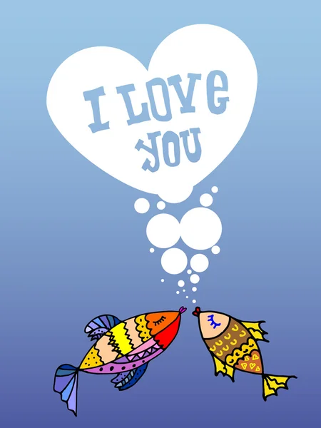 San Valentín, el corazón de las burbujas, peces de dibujos animados en el mar, Te amo, postal para 14 Febrero — Vector de stock